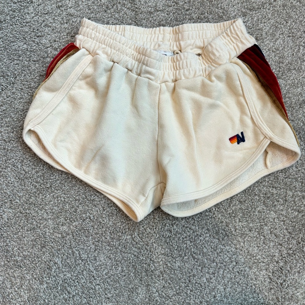 Aviator Nation Cream Shorts with Red and Gold Stripes